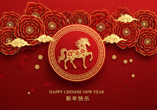 Red Chinese New Year background with golden horse background Luxury festive backdrop featuring golden horse symbol flowers and traditional Chinese elements for celebration themes