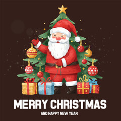 Watercolor Santa Claus Decorating a Christmas Tree with Red and Yellow Ornaments, Merry Christmas and Happy New Year