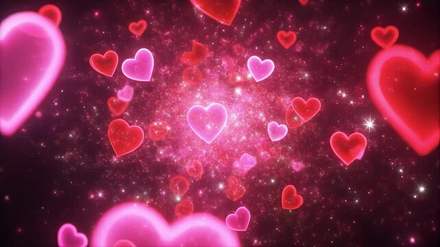 A seamless, looping animation of glowing pink and red hearts exploding with particles. A romantic, cinematic background for Valentine's Day, weddings, or love.