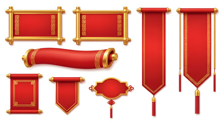 Chinese festive banners and frames collection Red and gold set of vertical banners scrolls and decorative frames perfect for celebration and announcement layouts