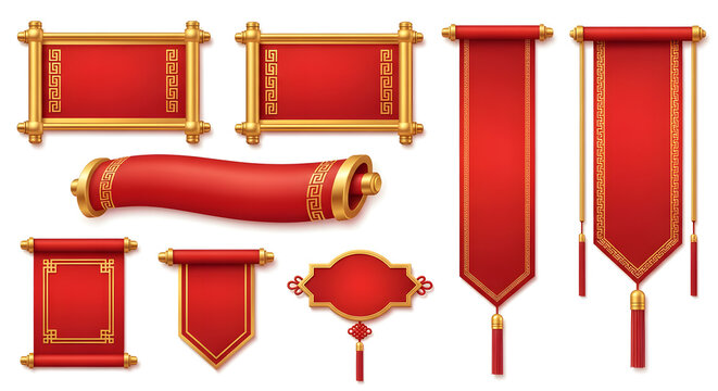 Chinese festive banners and frames collection Red and gold set of vertical banners scrolls and decorative frames perfect for celebration and announcement layouts