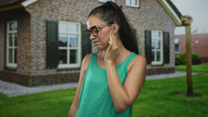 Fototapeta premium Woman in green tank top and glasses holds her cheek with her hand for toothache in front of a brown brick building entrance; pain.