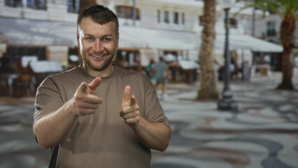 Fototapeta premium Man pointing both fingers at camera in street cafe with palm trees and sidewalk patterns; playful friendly charm.