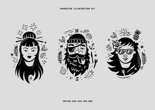 Character illustrations with flavour themed icons around them. Best suited for food related products, brands or as a logo. Black and White
