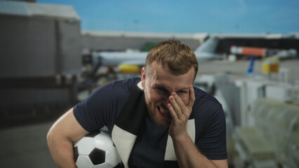 Man holding soccer ball with hand covering face at airport terminal, wearing scarf and laughing...