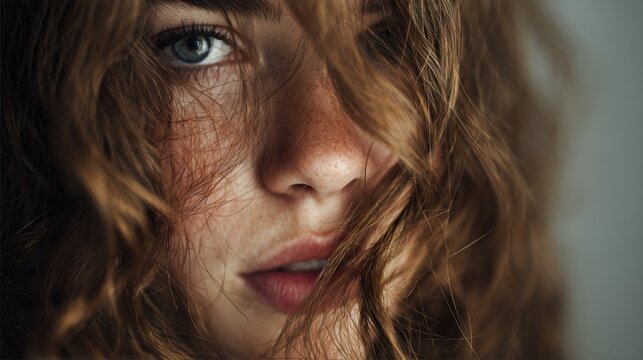 Captivating portrait featuring a young woman with freckles and auburn hair - Powered by Adobe