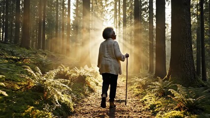 Senior woman walking in a forest path with sun rays, a serene and healthy lifestyle design