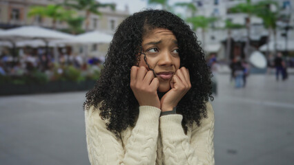 Woman pressing hands to cheeks with worried expression and gazing upward in a crowded city street; anxiety.