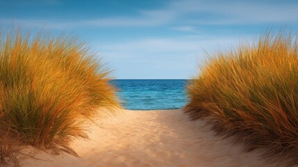 Serene Pathway Through Tall Grasses Leading to Tranquil Ocean Waves Under a Bright Blue Sky on a Sunny Day at the Beach