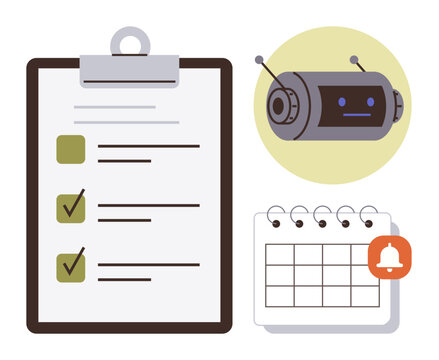 Task checklist with checkmarks, robot assistant, and calendar with notification. Ideal for productivity, automation, organization, task management, reminders efficiency and planning. Simple flat