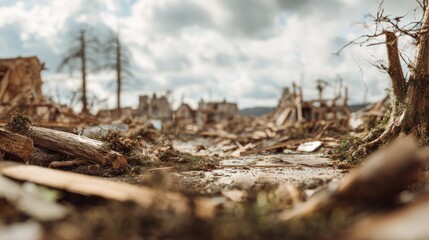 Aftermath of natural disaster showing destruction of structures and homes
