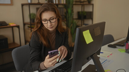 Young woman using smartphone in modern office with computer and shelving in background enhancing a professional workplace atmosphere indoors.