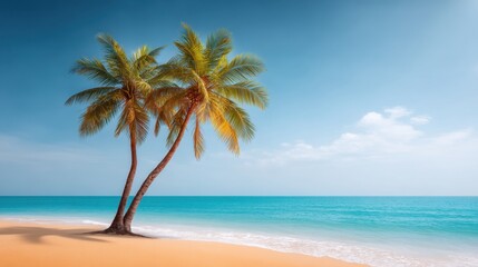 Fototapeta premium Serene Tropical Beach Scene with Lush Palm Trees and Calm Turquoise Waters Under a Bright Blue Sky with Soft White Clouds