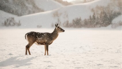 Lone Deer Standing in a Snowy Winter Landscape.