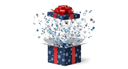 Festive gift box exploding with confetti and snowflakes for holiday celebrations
