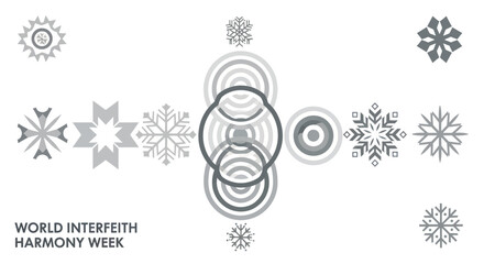 A grayscale graphic design featuring various symmetrical patterns, including snowflakes and concentric circles, with the text 'WORLD INTERFAITH HARMONY WEEK' at the bottom.