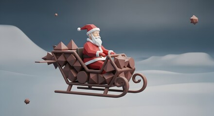 Low poly santa claus riding his sleigh through a winter wonderland landscape scene