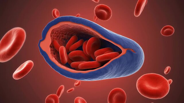 Close-up cross-section of a vein valve with red blood cells flowing.
