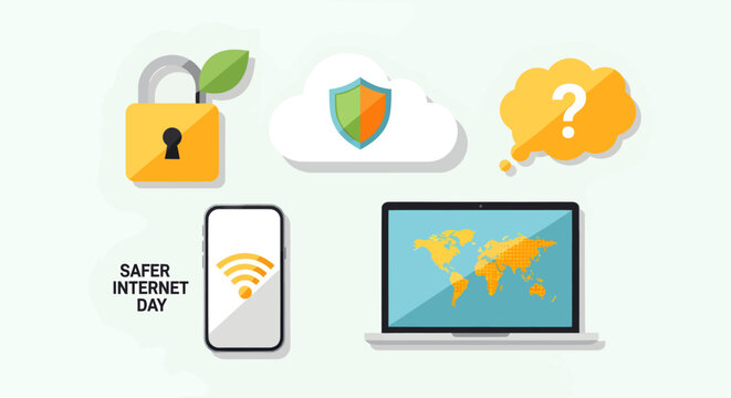 A visual representation of internet safety concepts, including security, cloud protection, mobile connectivity, global access, and critical thinking, celebrating Safer Internet Day.