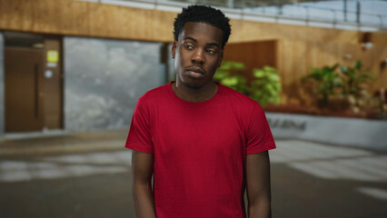 Fototapeta premium Young man wearing red tshirt standing by wooden doorframe at building entrance; solitude introspection reflection.