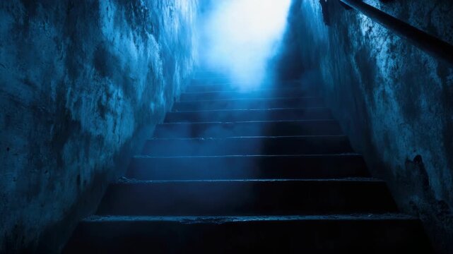 A haunting scene of a deep, dimly lit stairwell with an otherworldly blue light at the top.