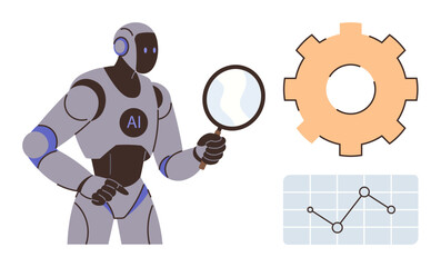 Robot with AI inscription holding a magnifying glass, gear symbol, and graph representing data analysis. Ideal for technology, automation, research, data science, machine learning, innovation