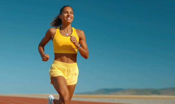 A female athlete bursts from the starting line in a stadium, showcasing her speed and excitement - Powered by Adobe