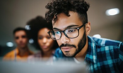 Teamwork event with diverse young adults focused on collaboration in a modern office space with blurred background