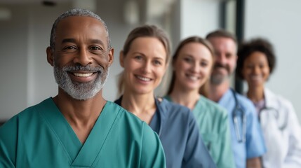 Happy smiling healthcare professionals aged 30 to 50 in a bright hospital corridor with clear copy space