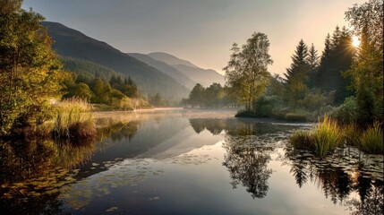 Fototapeta premium Serene Morning Reflection in Nature with Calm Water and Scenic Mountains Under Soft Sunrise Light