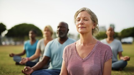Active mature multiethnic individuals practicing mindfulness meditation in a serene outdoor setting with blurred background