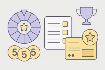 Engaging visual elements of gamification showcasing a reward system including a spinning wheel checklist and celebratory trophy illustrating performance recognition and achievement motivation