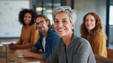 Casual creative business people in a modern office setting engaging in teamwork around a wooden table