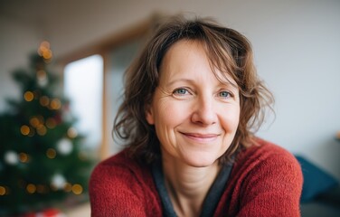 Cheerful woman in red sweater relaxing at home beside a Christmas tree with blurred background for copy space