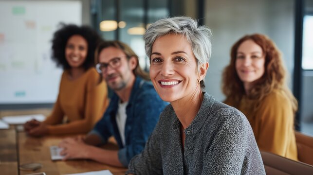 Casual creative business people in a modern office setting engaging in teamwork around a wooden table