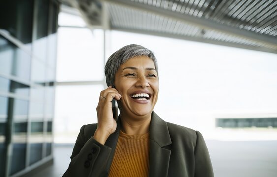 Cheerful middle-aged woman laughing while talking on phone in modern open space with blurring background - Powered by Adobe