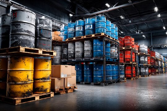 A storage area showcases a variety of barrels in colors like blue, red, and yellow, neatly arranged on wooden pallets. The industrial environment is well-lit, indicating daytime