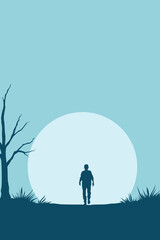 Silhouette of a lone man walking toward a large rising sun, symbolizing hope, reflection, and inner journey in a calm minimalist landscape with soft blue tones.