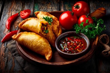 A plate of golden, crispy empanadas is presented alongside ripe red tomatoes and a bowl of vibrant dipping sauce on a rustic wooden table