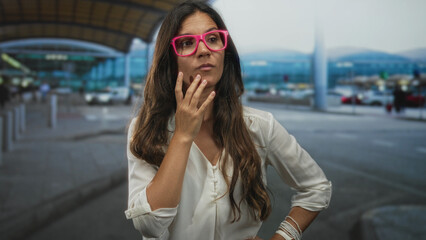 Fototapeta premium Woman wearing bright pink glasses touching her chin at airport terminal curbside, with bracelets on wrist; thoughtful reflection.