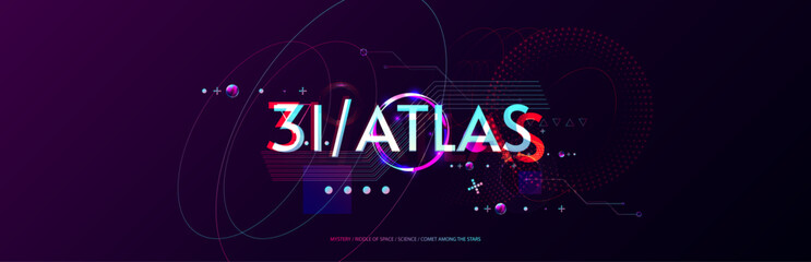 Dark retro futuristic 3I ATLAS cyberpunk elements abstraction background cosmos synthwave vaporwave retrowave glitch circle with blue and pink glows