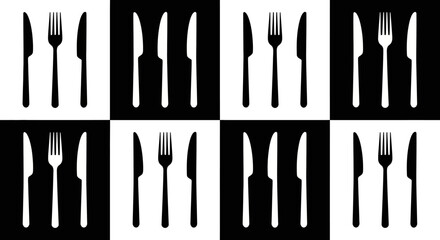 Monochromatic Checkerboard Pattern with Silhouetted Knives and Forks