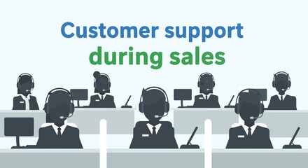 Flat illustration: Customer Support Team Assisting Sales In Call Center
