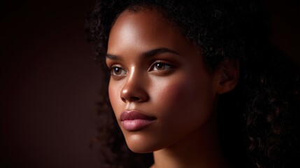 Close-up portrait of a young woman with curly hair against a dark background, showcasing natural beauty and peaceful expression in soft lighting