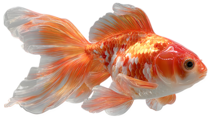 3D rendered goldfish with glossy orange body and flowing tail fins, elegant aquatic pet concept for home decor or logo design, isolated on white background