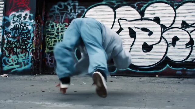 Dynamic breakdancer exhibiting intricate skills against a graffiti backdrop in urban setting