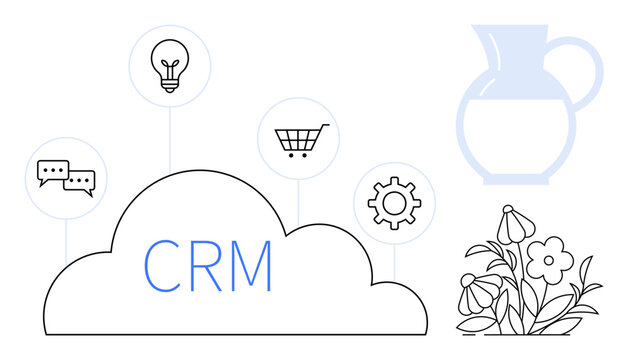 CRM cloud surrounded by chat bubble, light bulb, shopping cart, gear, pitcher, and flowers. Ideal for communication, e-commerce, innovation workflow CRM solutions digital tools simple flat