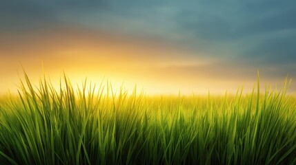 Fototapeta premium Lush Green Grass Under a Dramatic Sky with Soft Clouds, Capturing the Tranquil Beauty of Nature at Sunrise