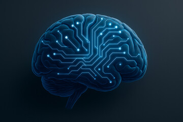 Futuristic digital brain with glowing neural circuits on dark background. Abstract AI concept showing innovation, neural networks, and advanced technology.