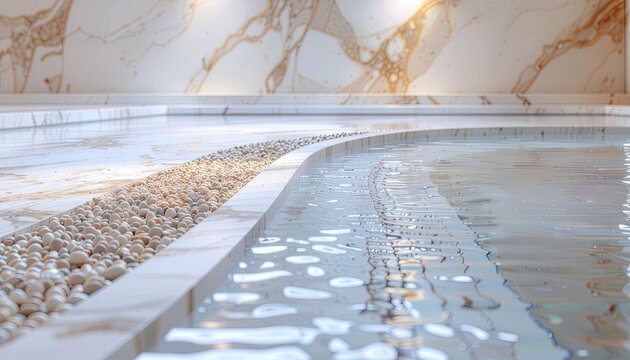 Luxurious Indoor Spa With Marble Walls Reflecting Warm Lighting And A Shallow Pebble Lined Pool With Clear Water - Powered by Adobe